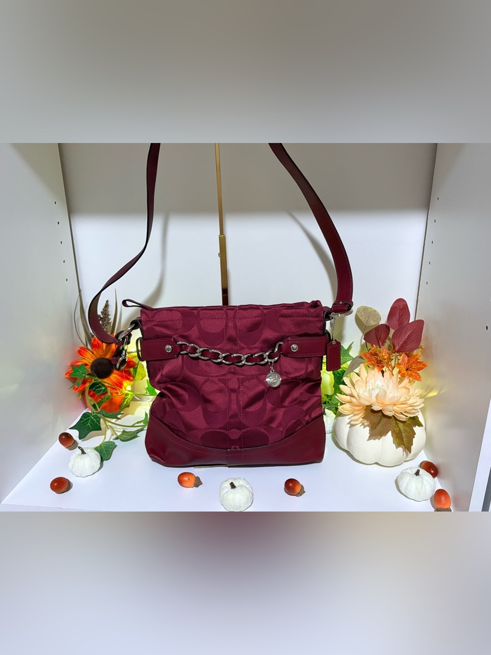 Vintage Coach Burgundy Signature Chain-Front crossbody Bag